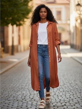 Rust Orange Long Button-Front Duster Shirt Dress